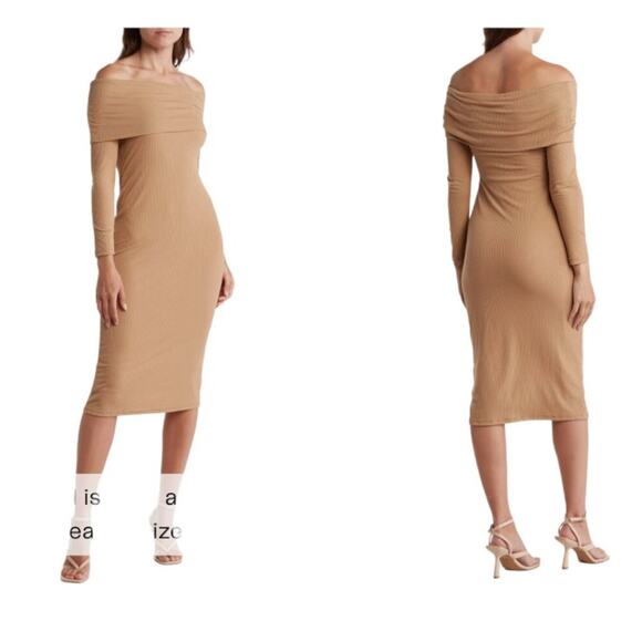 Velvet Torch Ribbed Off the Shoulder Midi Dress Taupe Size Large NWOT - Picture 1 of 6